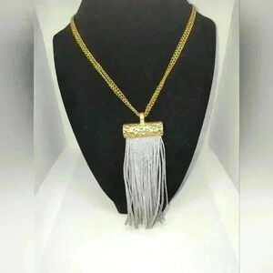 Plunder long grey fringe gold tone necklaces 15 inch extender 3 inch